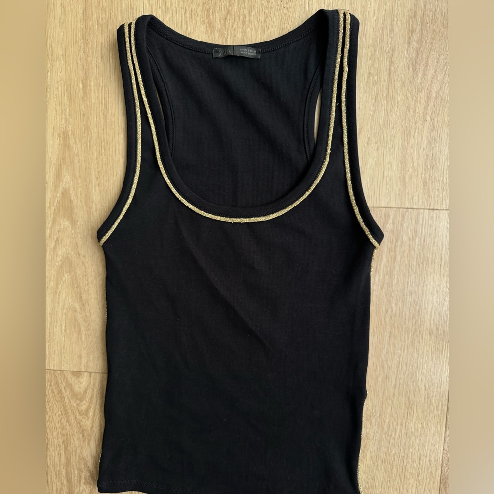 Black Tank Top with Gold Trim - Women